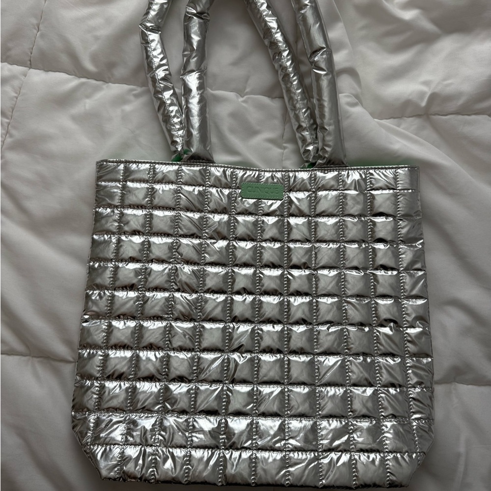 Clinique limited edition silver metallic quilted puffer tote bag